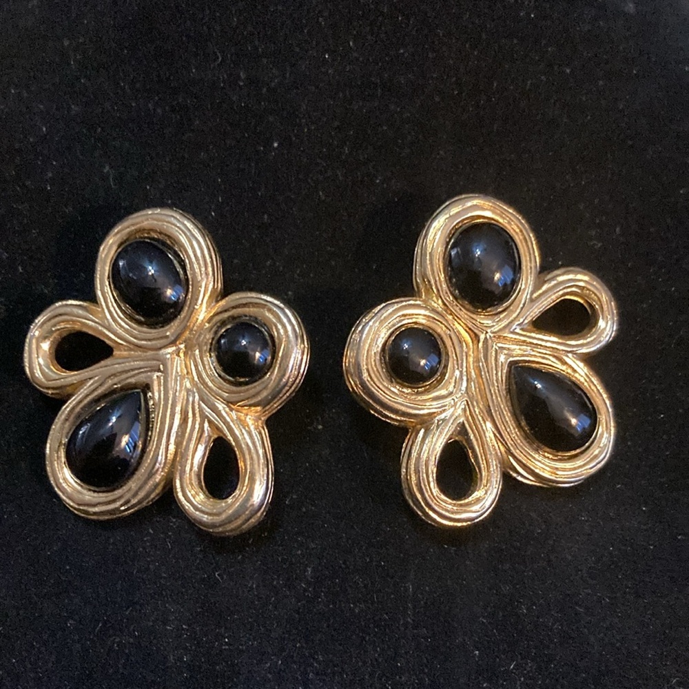 1980s Givenchy Glass Onyx Gold Earrings